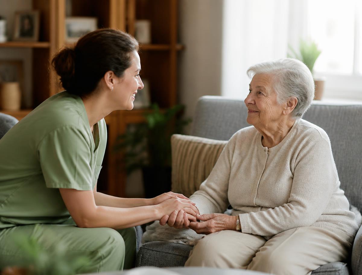 Caregiver holding hands with an older adult resident in a sunlit living room