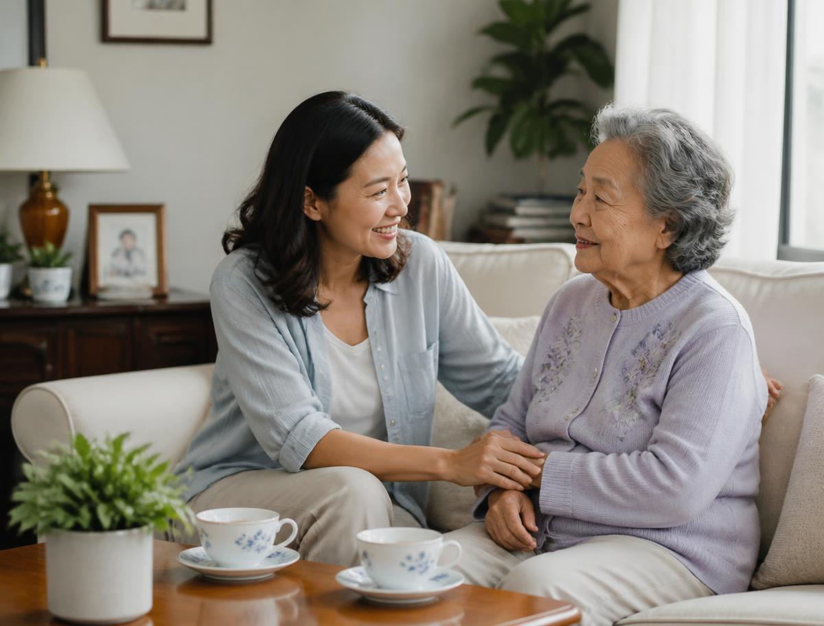 Adult daughter visiting with her mother in a bright living room