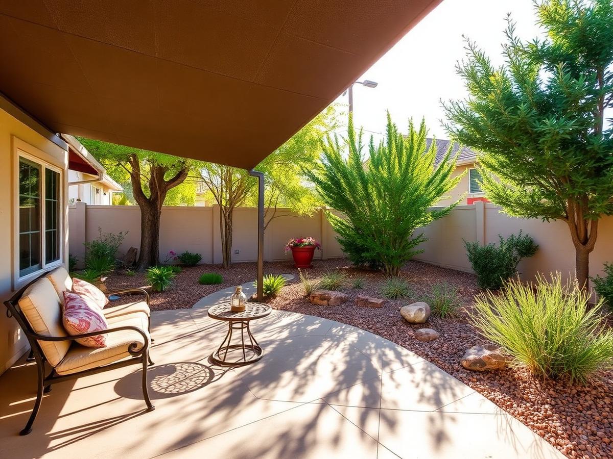 Shaded backyard patio with seating and desert greenery